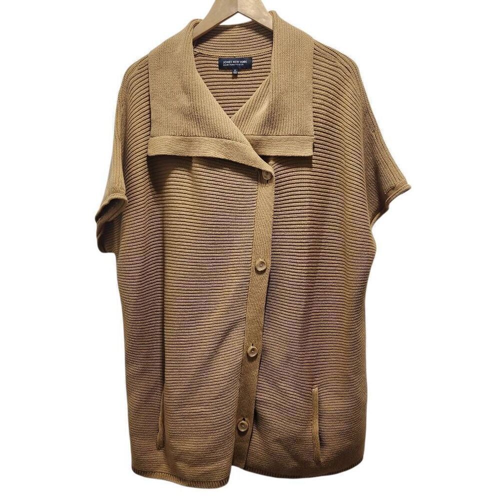 Jones New York brown ribbed knit button front double breasted sweater 1X pockets